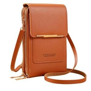 Crossbody Cell Phone Purse Bag Faux Brown Leather Zippered Compartment Closures